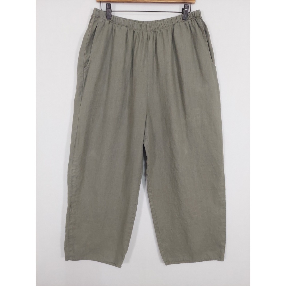 FLAX L Sage Green Linen Wide Leg Cropped Pants Elastic Pull On Pockets Lagenlook